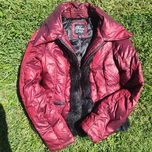 Blanc Noir Women's Puffer Jacket Black Red Faux Fur Coat Zipper Size Small
